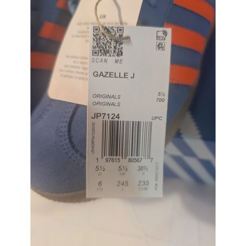 adidas Gazelle J Kids Youth 6 Blue Orange Shoes JP7124 New In Box FR 38 2/3NIB